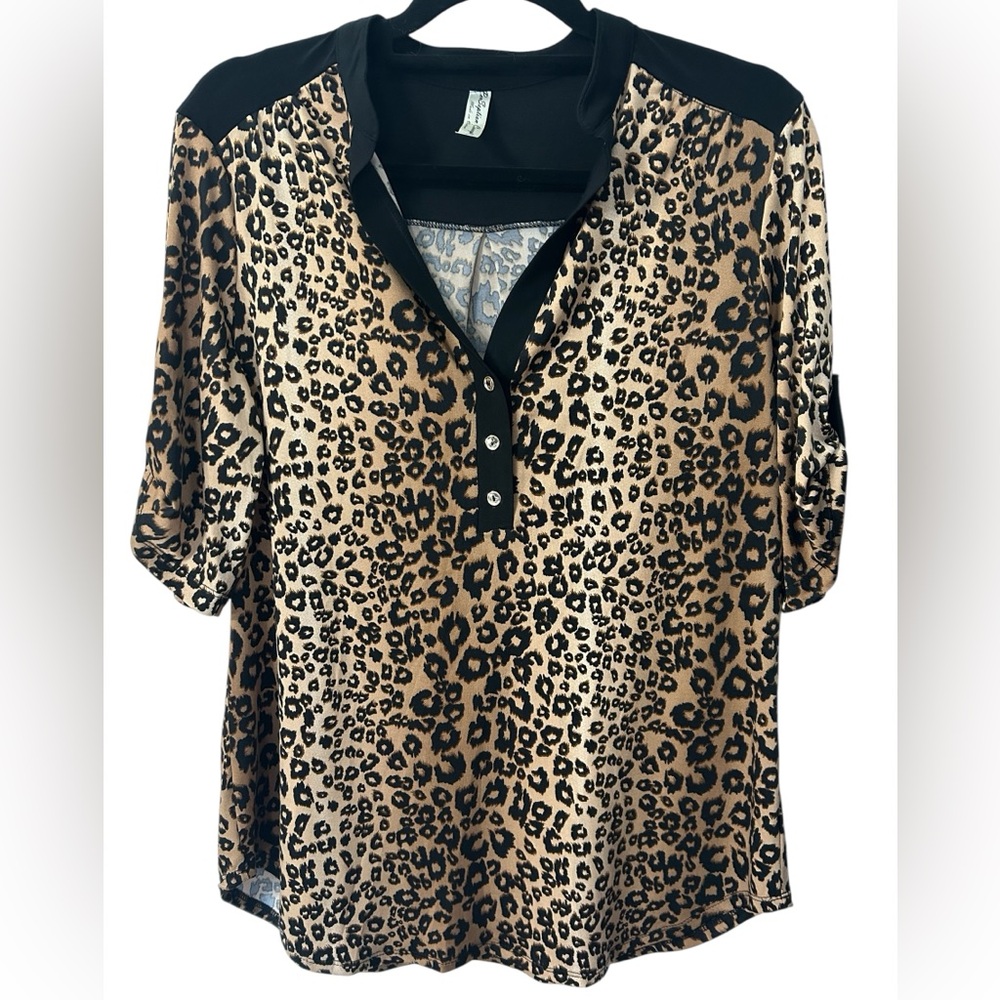 PerSeption Concept Leopard Print V-Neck Blouse Rolled Sleeves Size Large